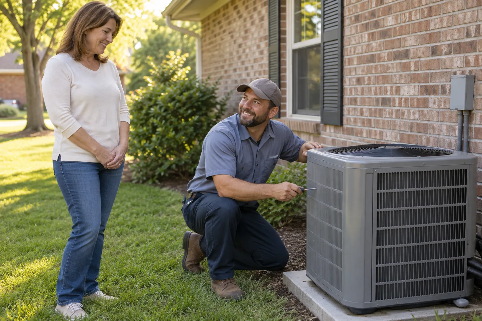 A friendly local HVAC provider showing a homeowner the new outdoor air conditioner beside a house in the North Prairie area