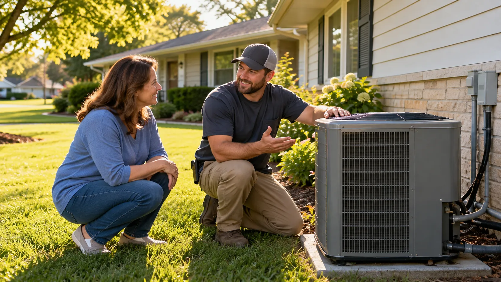 A friendly HVAC provider talking with a homeowner beside an outdoor AC unit in North Prairie